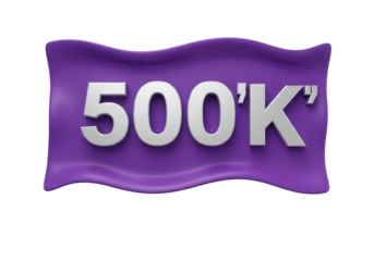 Purple flag with 500K isolated on transparent background, achievement celebration for social media and business success