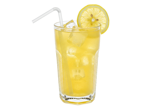 Refreshing lemonade with ice cubes and lemon slice isolated, cold summer drink in glass with straw on transparent background PNG