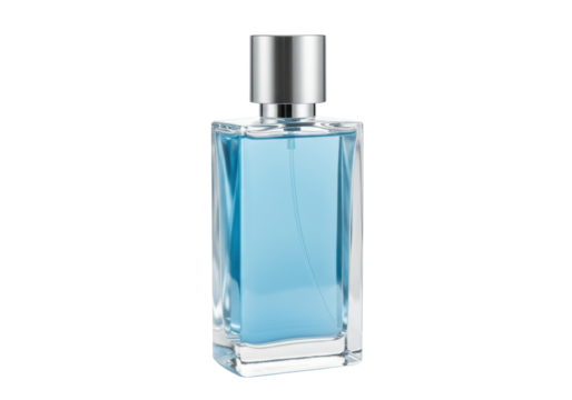 Elegant blue perfume bottle isolated, fragrance container for men and women on transparent background in PNG format