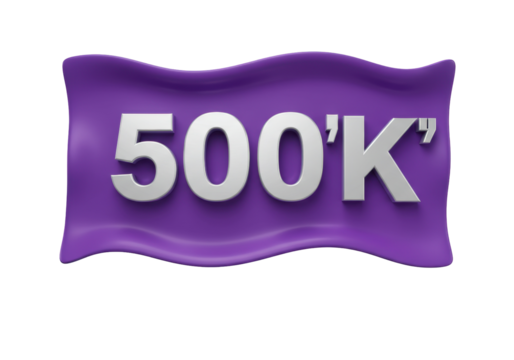 Purple flag with 500K isolated on transparent background, achievement celebration for social media and business success