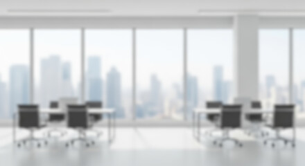 Blurry empty modern open plan office interior with rows of desks and large window with city view for corporate or coworking space background