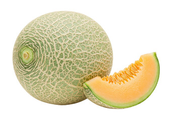 Cantaloupe melon and slice isolated on transparent background, fresh orange fruit for healthy eating and summer dessert