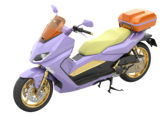 Lilac scooter with orange box isolated on white, modern moped PNG for delivery and urban transport, no background
