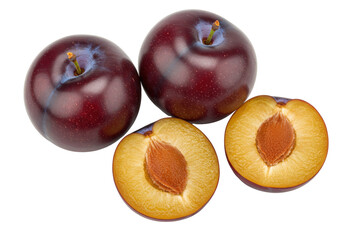 Ripe dark red plums isolated on transparent background, fresh whole and halved fruit for healthy eating and summer recipes