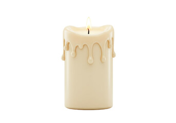 Beige candle with dripping wax isolated on transparent background, decorative element for cozy atmosphere and relaxation
