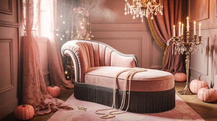  Gothic-inspired pastel interior decorated with cobweb chandelier, velvet chairs, and pink pumpkins
