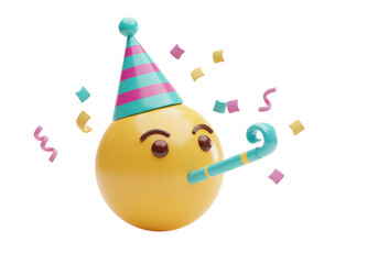Party face emoji with hat and noisemaker isolated PNG, yellow emoticon celebrating with confetti on transparent background