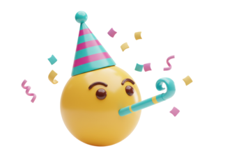 Party face emoji with hat and noisemaker isolated PNG, yellow emoticon celebrating with confetti on transparent background