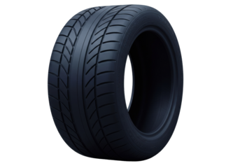 Black car tire isolated on white, high performance radial tyre for racing and drifting with directional tread pattern