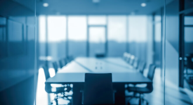 Blurry modern conference room seen through glass wall with blue tone for corporate business meeting or confidential negotiation presentation background