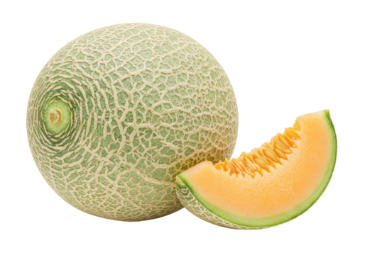 Cantaloupe melon and slice isolated on transparent background, fresh orange fruit for healthy eating and summer dessert