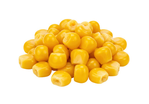 Pile of yellow sweet corn kernels isolated PNG, canned vegetable ingredient for cooking and healthy eating on transparent background