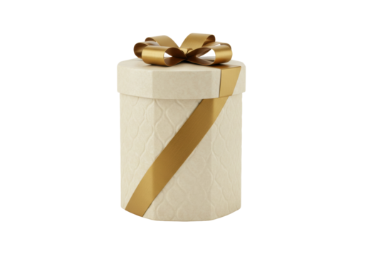 Elegant hexagonal gift box with golden ribbon isolated on transparent background, luxury present for special occasions PNG - Powered by Adobe