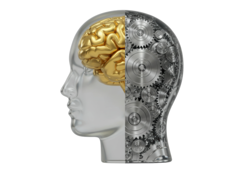 Human head with golden brain and gears isolated, artificial intelligence concept for technology and engineering 3D rendering