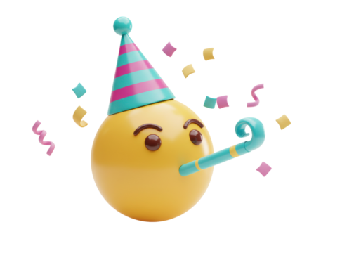 Party face emoji with hat and noisemaker isolated PNG, yellow emoticon celebrating with confetti on transparent background