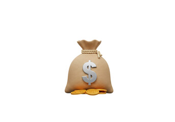 Money bag with dollar sign and gold coins isolated on transparent PNG, wealth and investment concept for finance and business