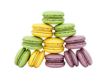 Colorful macarons pyramid isolated on transparent background, assortment of pastel cookies for dessert and confectionery concepts