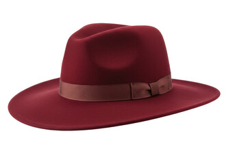 Elegant burgundy fedora hat isolated, stylish headwear with brown ribbon for fashion accessory and vintage style