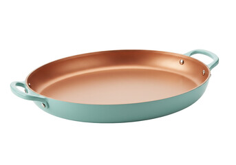 Oval copper nonstick skillet with turquoise exterior isolated, cookware for healthy cooking and baking on a transparent background