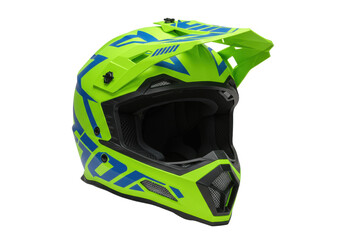 Lime green motocross helmet with blue accents isolated, protective gear for off-road racing and extreme sports PNG