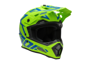 Lime green motocross helmet with blue accents isolated, protective gear for off-road racing and extreme sports PNG