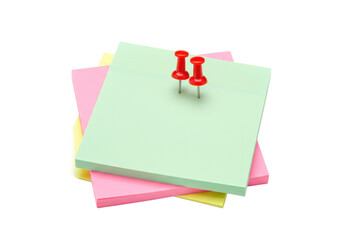 Stack of colorful sticky notes with red push pins isolated on transparent background, office supplies for reminders and organization