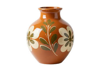 Rustic terracotta vase with floral design isolated on a clean background, decorative pottery for home decor and flower arrangements