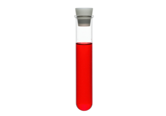 Test tube with red liquid isolated on transparent background, laboratory glassware for scientific experiments and medical research