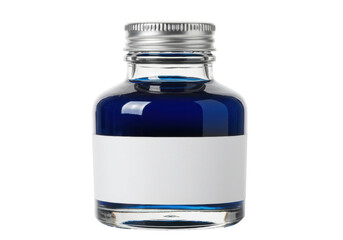 Small glass bottle with blue liquid isolated on white, medicine or flavoring extract container