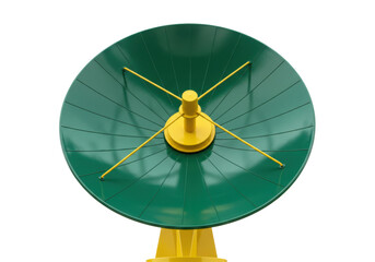 Green and yellow satellite dish isolated on transparent background, communication technology for broadcasting and telecommunications