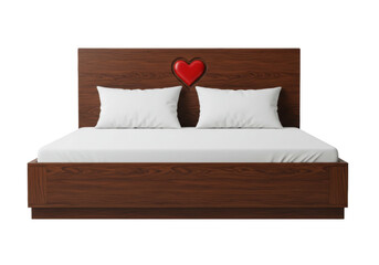 Modern wooden bed with heart-shaped headboard isolated, bedroom furniture for romantic interior design and Valentine s Day