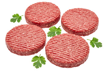 Four raw burger patties isolated on transparent background, uncooked ground beef for grilling and cooking