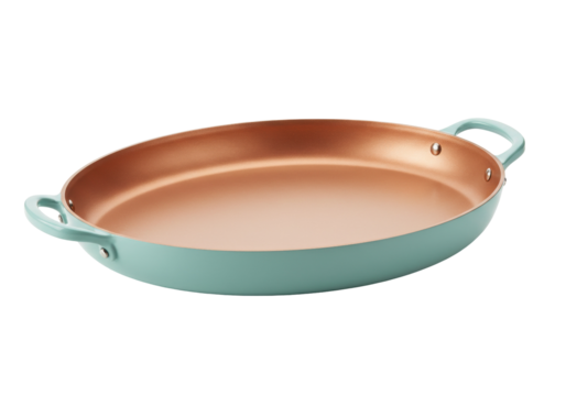 Oval copper nonstick skillet with turquoise exterior isolated, cookware for healthy cooking and baking on a transparent background