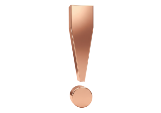Rose gold exclamation mark isolated PNG, 3D rendering of punctuation symbol on transparent background for graphic design and attention grabbing