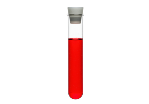 Test tube with red liquid isolated on transparent background, laboratory glassware for scientific experiments and medical research
