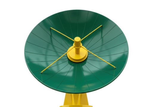 Green and yellow satellite dish isolated on transparent background, communication technology for broadcasting and telecommunications