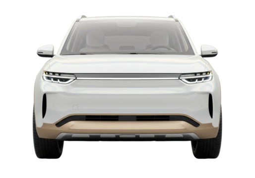 Modern white electric SUV car isolated, front view vehicle PNG for automotive design and advertising use