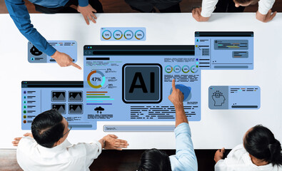 A diverse team collaborates in a modern office setting, analyzing AI data insights on a digital tablet, showcasing the synergy of technology and teamwork. Trope