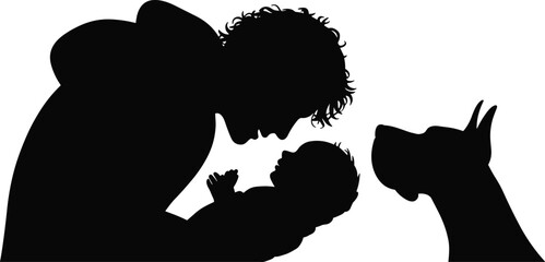 Silhouette of parent holding baby with dog, family love, pet companionship, childcare, bonding, trust, protection, parenting, animal friendship, connection