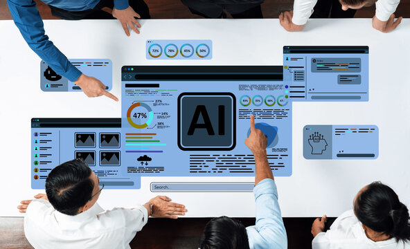 A diverse team collaborates in a modern office setting, analyzing AI data insights on a digital tablet, showcasing the synergy of technology and teamwork. Trope