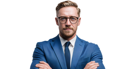 Portrait of Confident Businessman in Blue Suit with Glasses Folded Arms