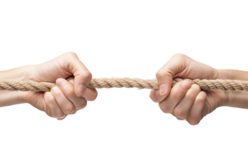 Two hands pulling on a rope in a test of strength, symbolizing competition and teamwork.