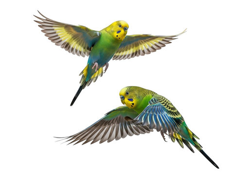 Two budgerigar parakeets flying, green and yellow plumage, wings spread, bird watching, wildlife photography, animal behavior, ornithology, isolated on transparent background