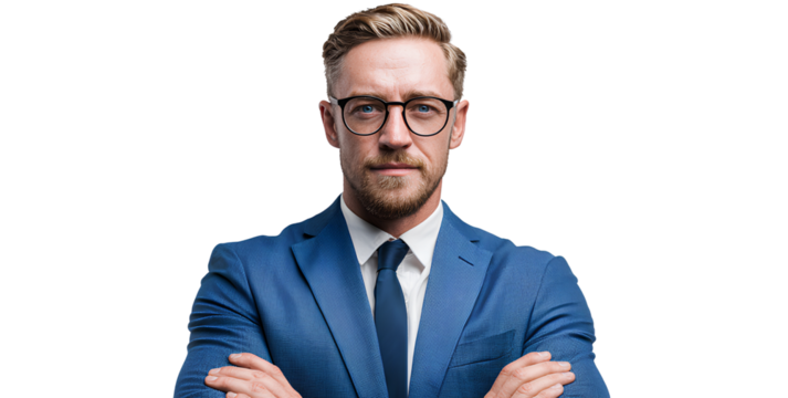 Portrait of Confident Businessman in Blue Suit with Glasses Folded Arms