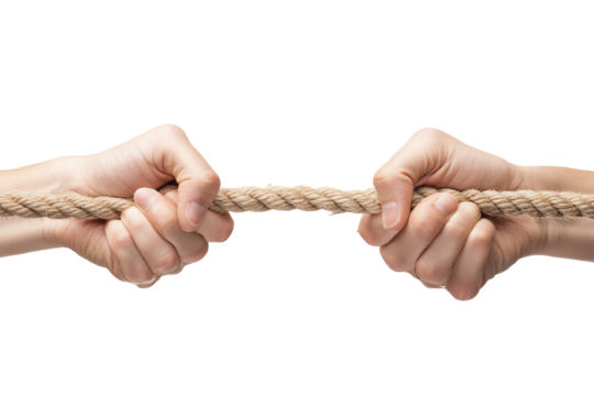 Two hands pulling on a rope in a test of strength, symbolizing competition and teamwork.