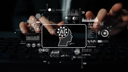 Innovative Artificial Intelligence Concept with Human Silhouette and Data Insights Overlaid on Keyboard. Asymptotic smart data analytic.
