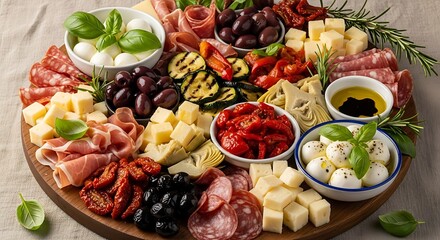 Delicious Charcuterie Board with Cheese, Meats, and Vegetables.