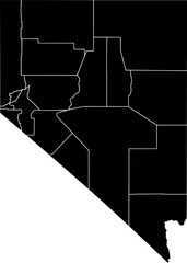 Black vector political map of Nevada state outline with all internal county borders, filled with a solid black color, presented as a map of the Western United States territory.