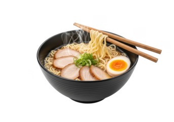 Delicious japanese ramen noodle soup with pork, egg, and chopsticks in black bowl stock photo isolated on transparent background
