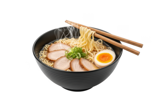 Delicious japanese ramen noodle soup with pork, egg, and chopsticks in black bowl stock photo isolated on transparent background